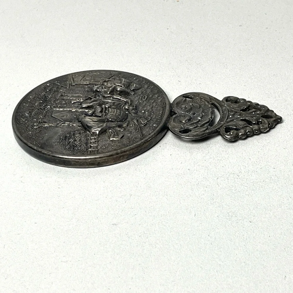 Vintage Hans Jensen Denmark Silverplate Repousse Hand Mirror Tavern Scene 4.5